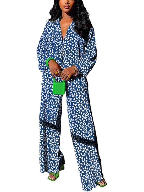 Pants - 🆕Women's Blue Floral Casual 2 Piece Outfit Linen Long Sleeve Button Down Shirt